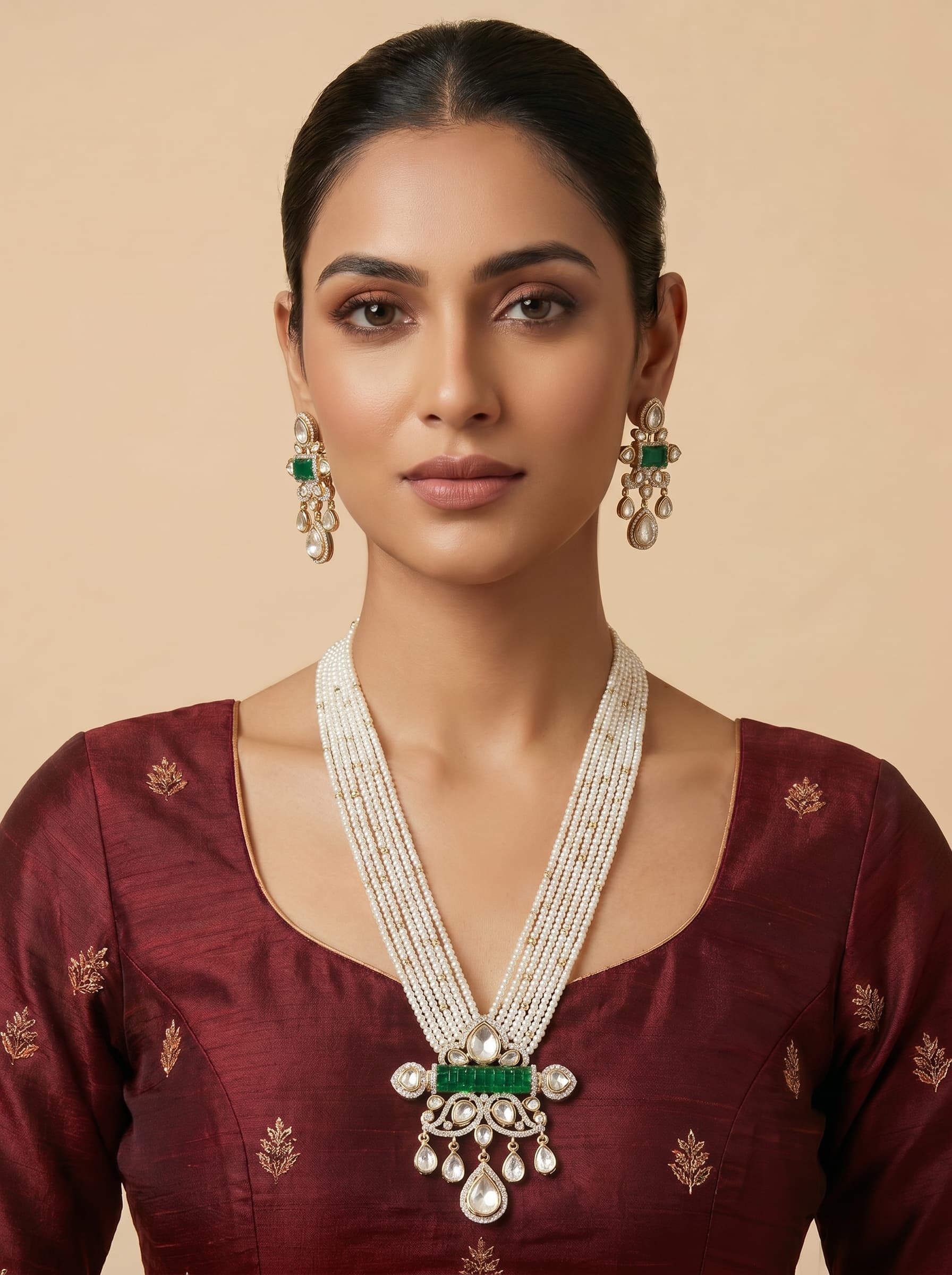 Noor Pearl & Green Stone Pendant Set